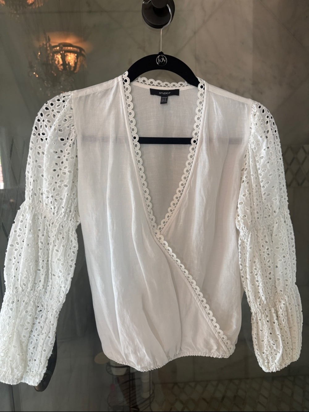 Studio White Eyelet Puff-Sleeve Wrap Top